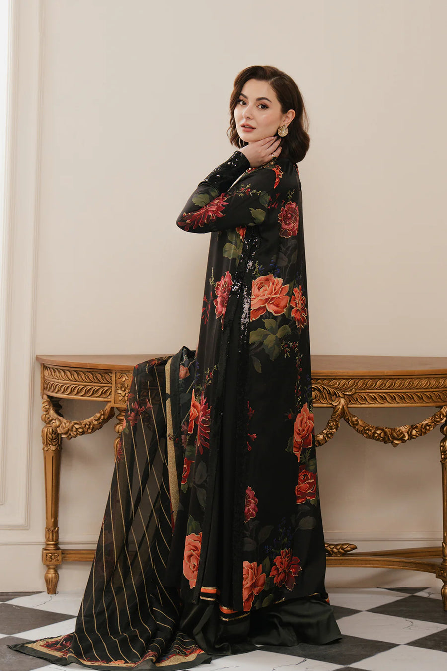LULUSAR BLACK SILK DIGITAL PRINT|HANIA AMIR|TOP PAKISTANI DRESS BY SHAEBIZ