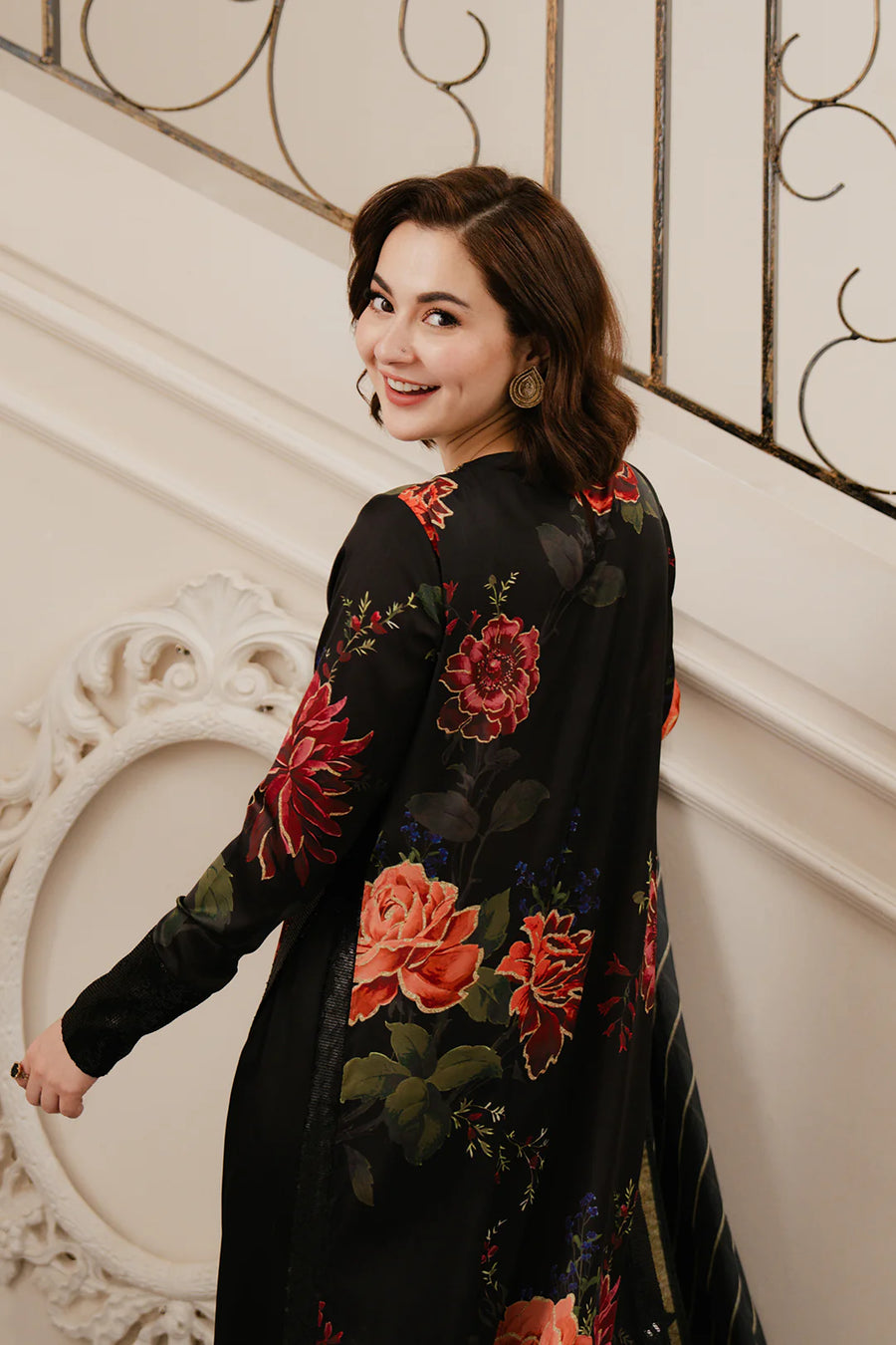 LULUSAR BLACK SILK DIGITAL PRINT|HANIA AMIR|TOP PAKISTANI DRESS BY SHAEBIZ