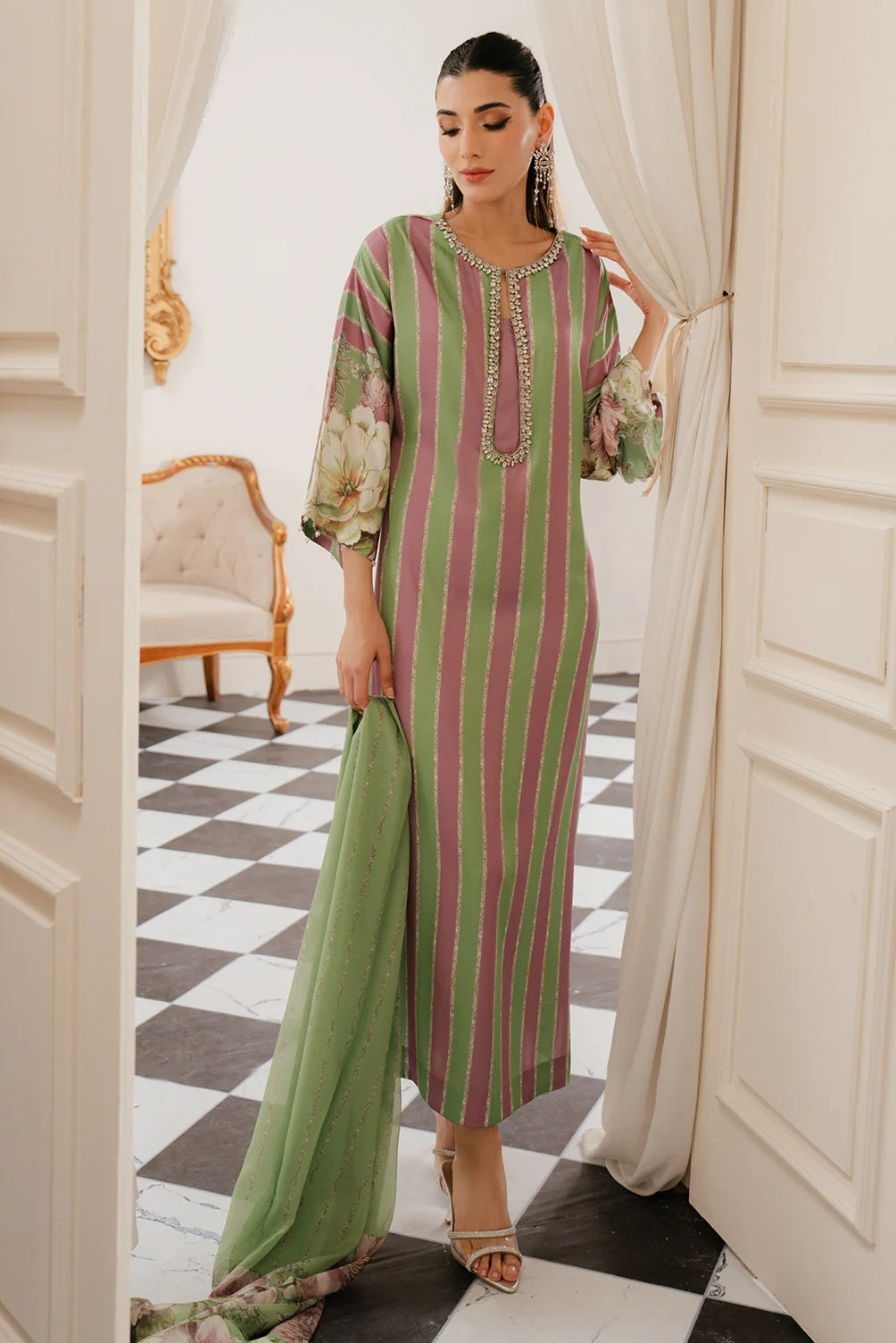 LULUSAR SILK MINT GREEN| UNSTITCHED PARTY WEAR| TOP PAKISTANI DRESS BY SHAEBIZ