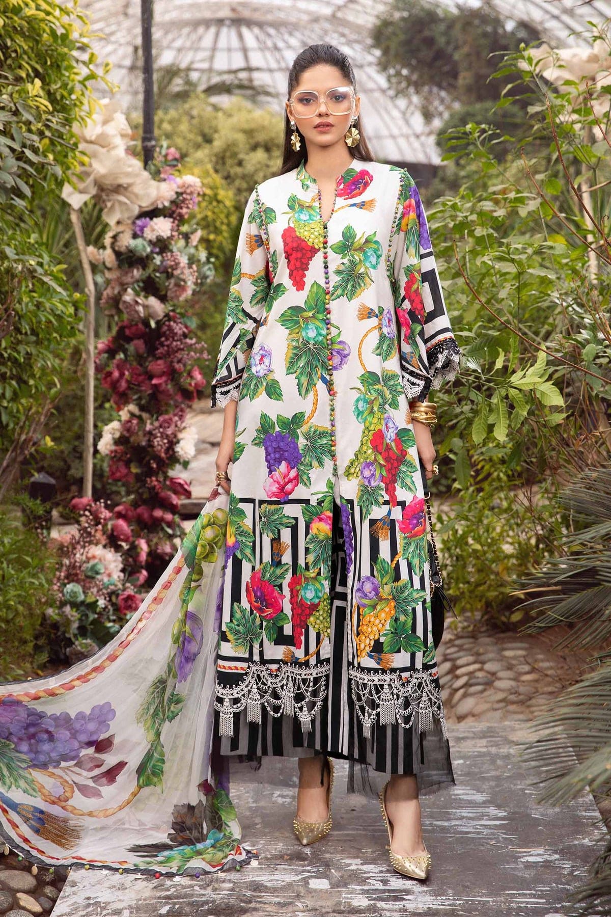 MARIA B MPRINT LATEST SUMMER EID COLLECTION 2024|WHITE FRUITY |TOP PAKISTANI DRESS BY SHAEBIZ