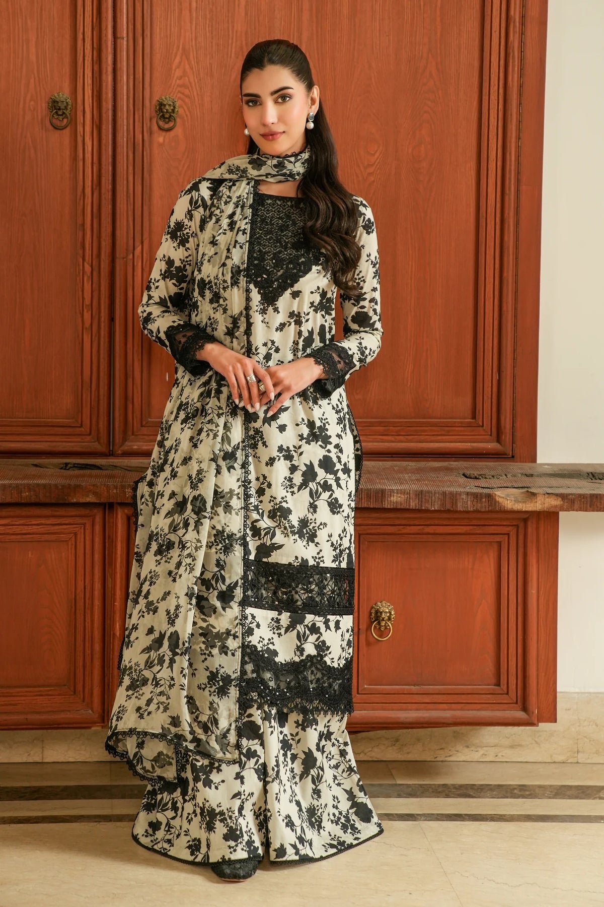 ANEELA'S  BLACK AND WHITE DIGITAL PRINTED SWISS LAWN | TOP PAKISTANI DRESS BY SHAEBIZ