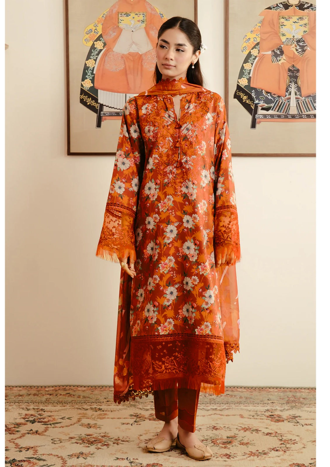 AFROZEH ORANGE FLORAL PRINT LAWN COLLECTION|TOP PAKISTANI DRESS BY SHAEBIZ|