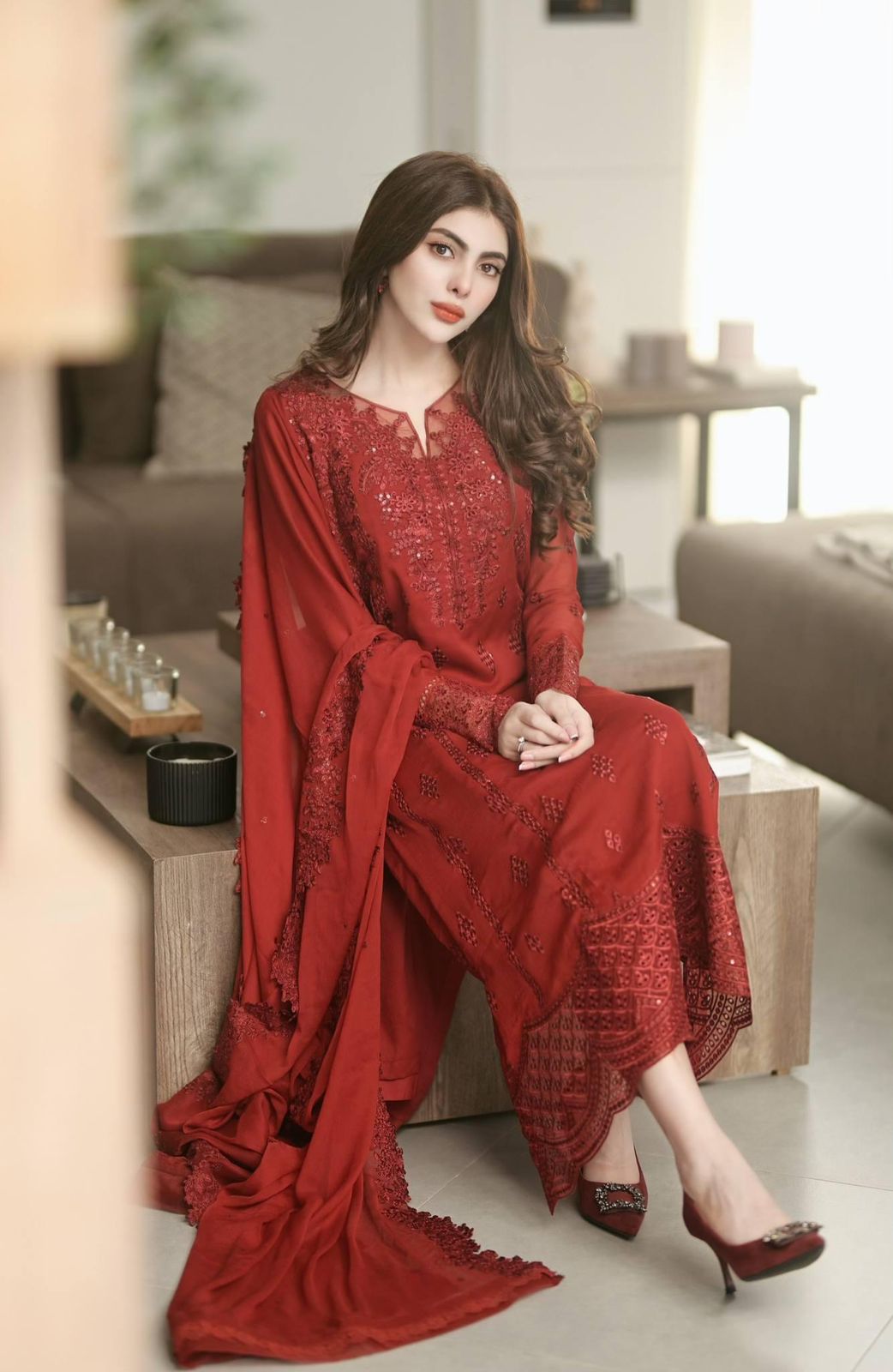 AZURE RED LAWN CHICKEN KARI| UNSTITCHED MASTER REPLICA| TOP PAKISTANI DRESS BY SHAEBIZ