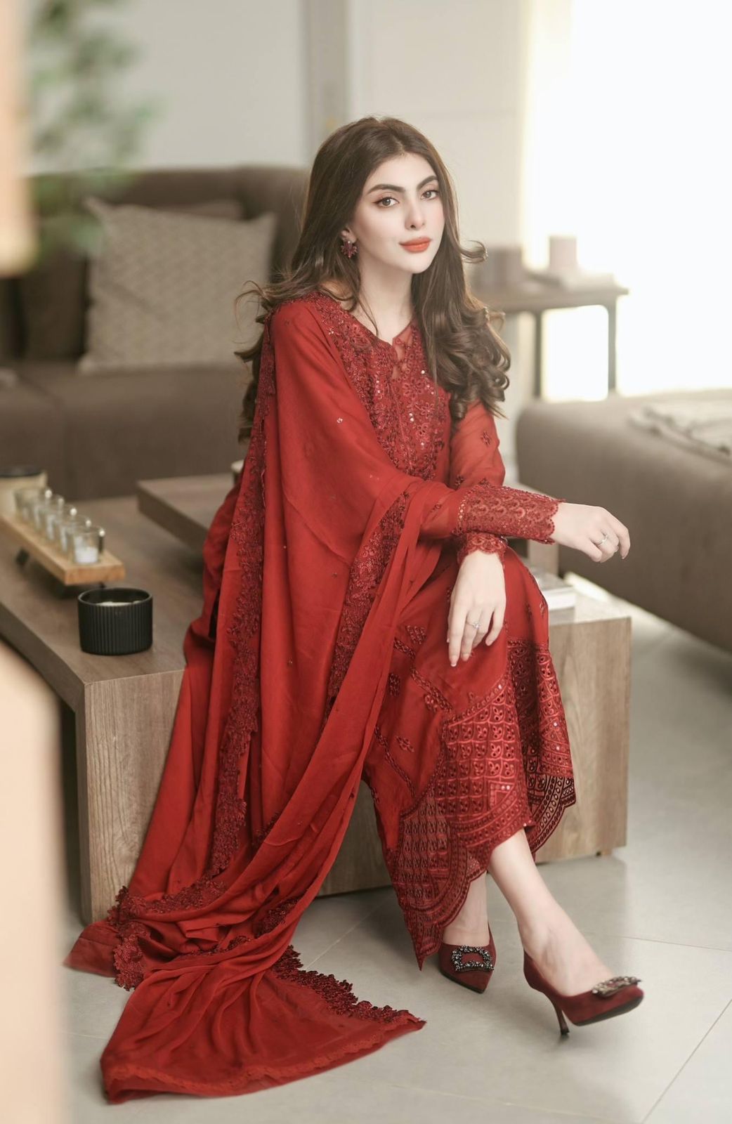 AZURE RED LAWN CHICKEN KARI| UNSTITCHED MASTER REPLICA| TOP PAKISTANI DRESS BY SHAEBIZ
