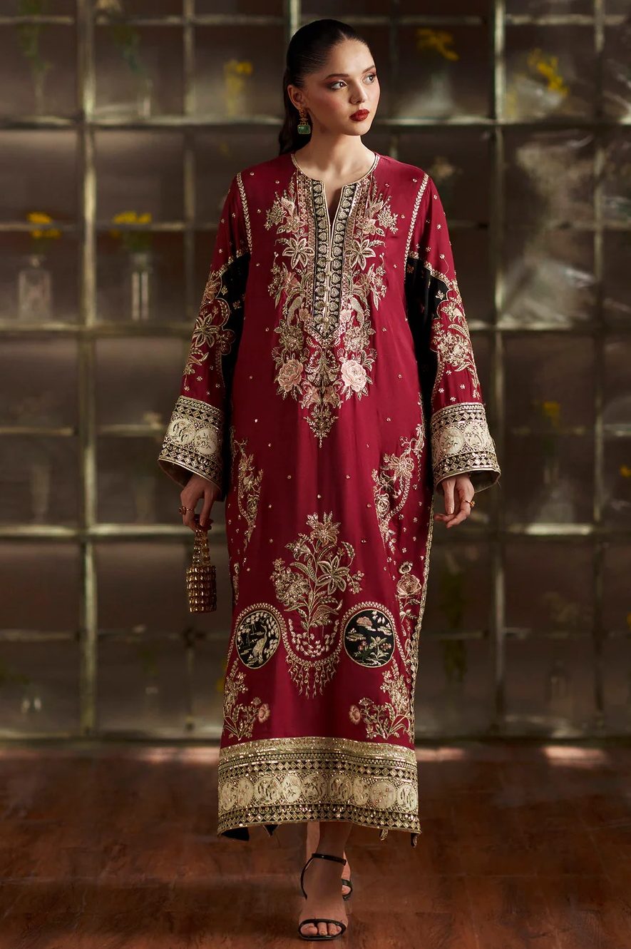 ETHNC LATEST RED RAW SILK KAFTAN | UNSTITCHED LATEST KAFTAN OF 2026 BY SHAEBIZ