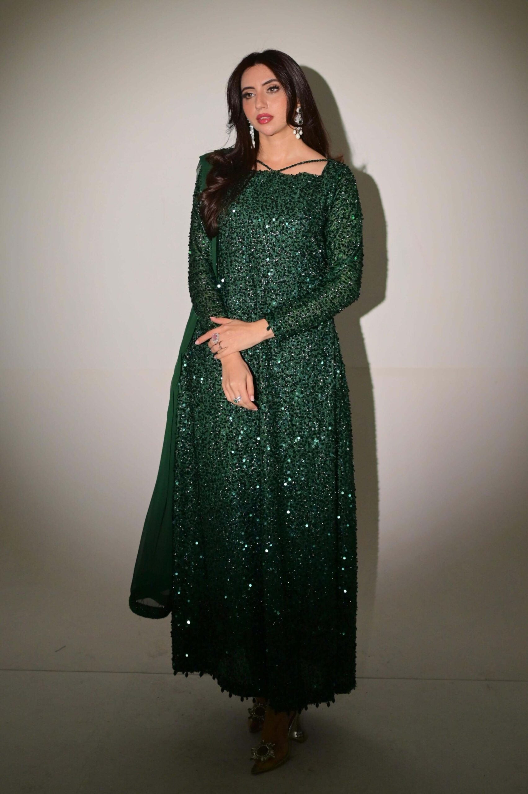 DEAR WALLET FESTIVE BLING GREEN DRESS|UNSTITCHED PARTY WEAR| TOP PAKISTANI DRESS BY SHAEBIZ