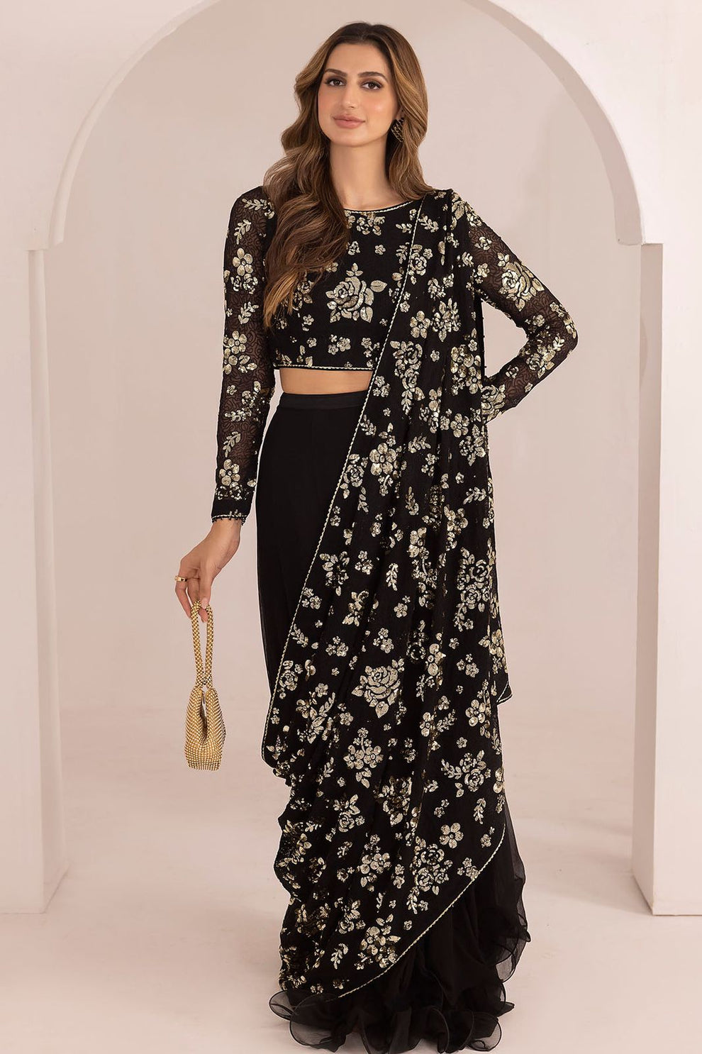 JAZMIN BLACK CHIFFON SAREE| UNSTITCHED WEDDING COLLECTION| MASTER REPLICA| TOP PAKISTANI DRESS BY SHAEBIZ