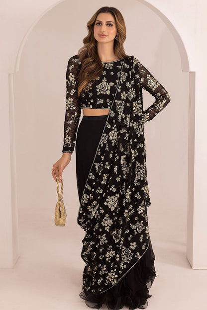 JAZMIN BLACK CHIFFON SAREE| UNSTITCHED WEDDING COLLECTION| MASTER REPLICA| TOP PAKISTANI DRESS BY SHAEBIZ