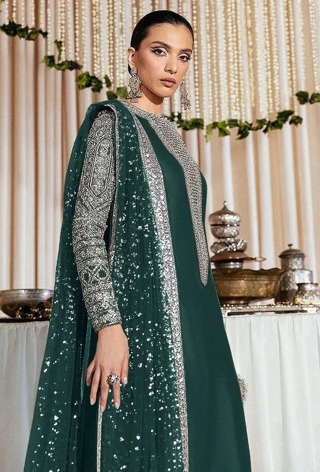 Hussain Rehar – Zinc Green Formal Raw Silk Suit (Replica) by Shaebiz