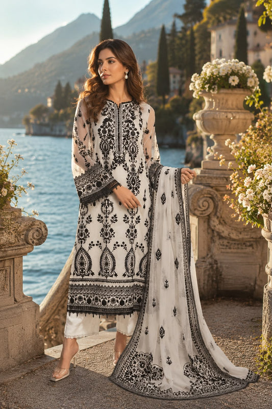 NOOR BY SADIA ASAD BLACK AND WHITE LUXURY ORGENZA COLLECTION| UNSTITCHED 3 PCS BY SHAEBIZ