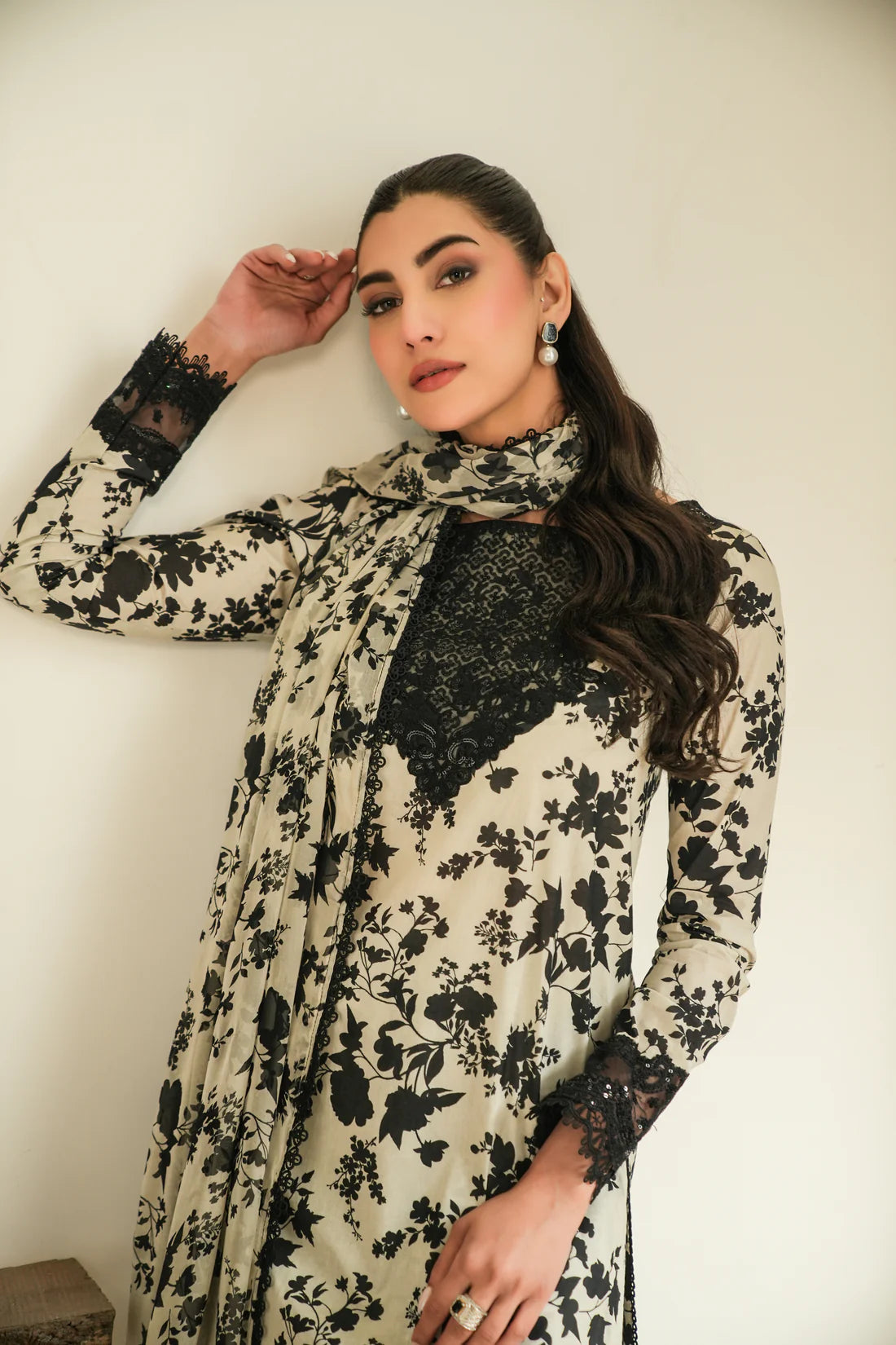 ANEELA'S  BLACK AND WHITE DIGITAL PRINTED SWISS LAWN | TOP PAKISTANI DRESS BY SHAEBIZ