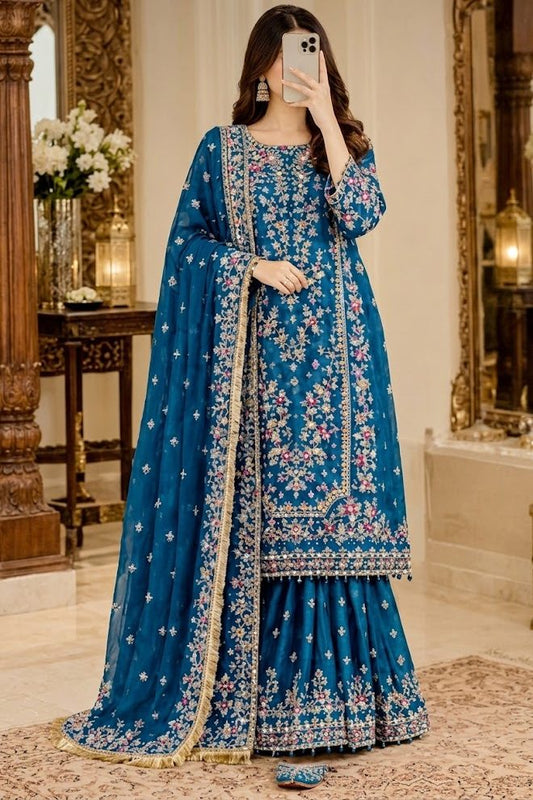 SHAEBIZ BLUE CHIFFON DRESS WITH GHRARA | UNSTITCHED 3 PCS BY SHAEBIZ
