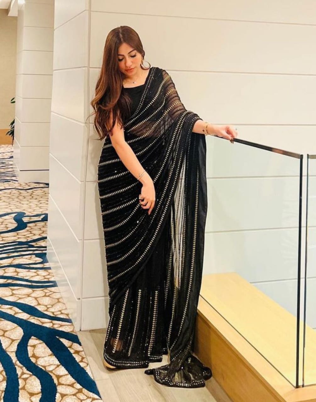 MARYAM NAFEES BLACK CHIFFON SAREE| UNSTITCHED PARTY WEAR| TOP PAKISTANI DRESS BY SHAEBIZ