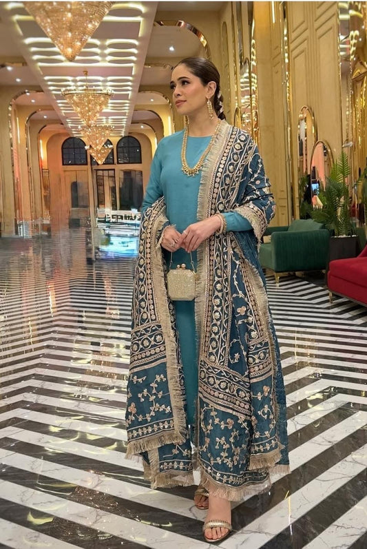 SHAEBIZ PRESENTING 2026 LUXURY BLUE RUSSIAN SILK DRESS| UNSTITCHED MASTER REPLICA| TOP PAKISTANI DRESS BY SHAEBIZ