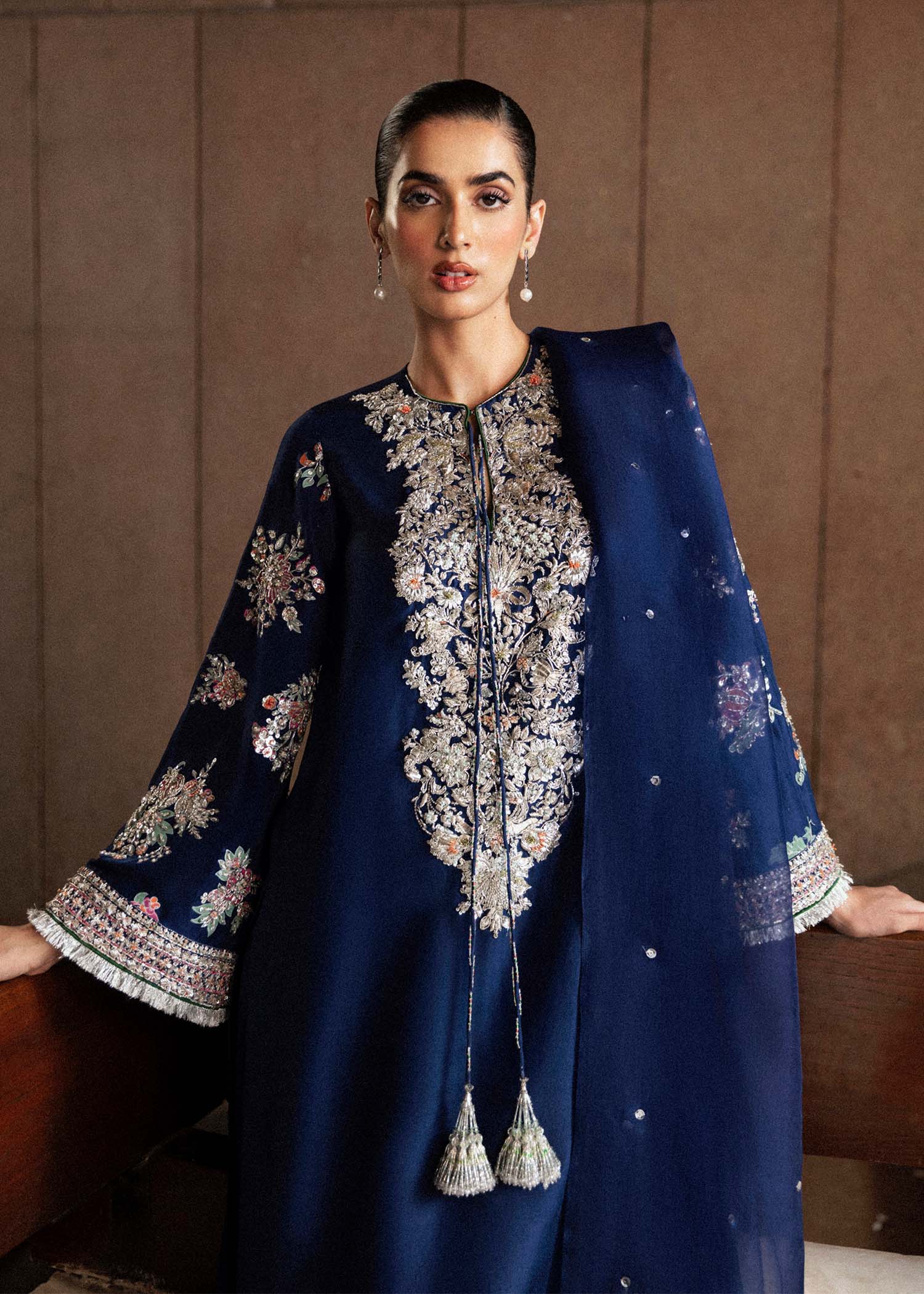 HUSSAIN REHAR LUXURY BLUE RAW SILK DRESS| UNSTITCHED MASTER REPLICA| TOP PAKISTANI DRESS BY SHAEBIZ
