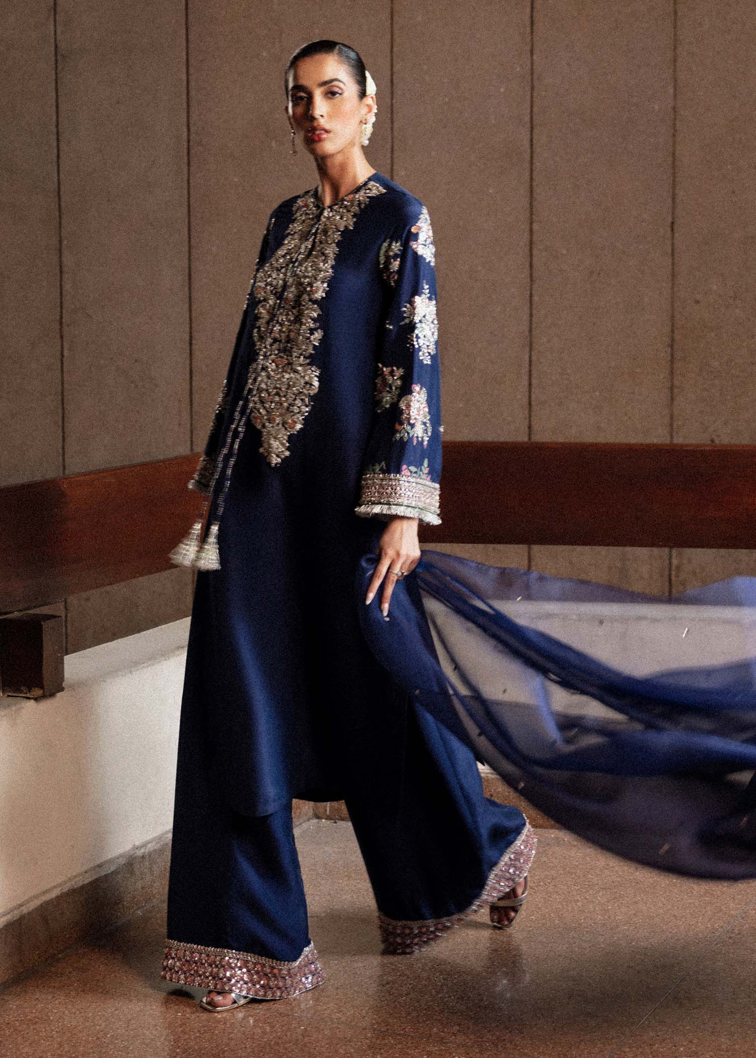 HUSSAIN REHAR LUXURY BLUE RAW SILK DRESS| UNSTITCHED MASTER REPLICA| TOP PAKISTANI DRESS BY SHAEBIZ