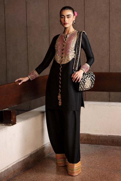 HUSSAIN REHAR QUEEN BLACK LUXURY SILK COLLECTION | UNSTITCHED 3 PCS | TOP PAKISTANI DRESS BY SHAEBIZ