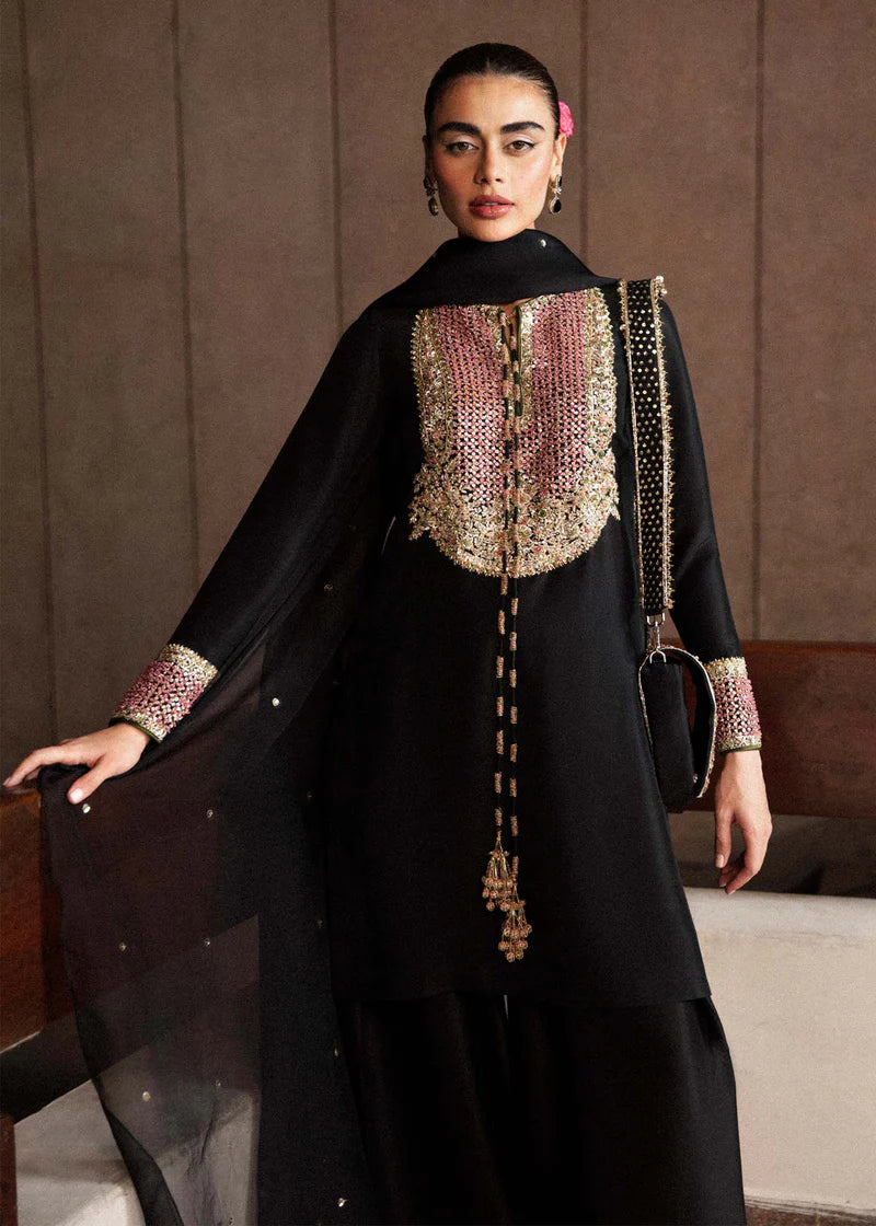 HUSSAIN REHAR QUEEN BLACK LUXURY SILK COLLECTION | UNSTITCHED 3 PCS | TOP PAKISTANI DRESS BY SHAEBIZ