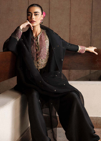HUSSAIN REHAR QUEEN BLACK LUXURY SILK COLLECTION | UNSTITCHED 3 PCS | TOP PAKISTANI DRESS BY SHAEBIZ