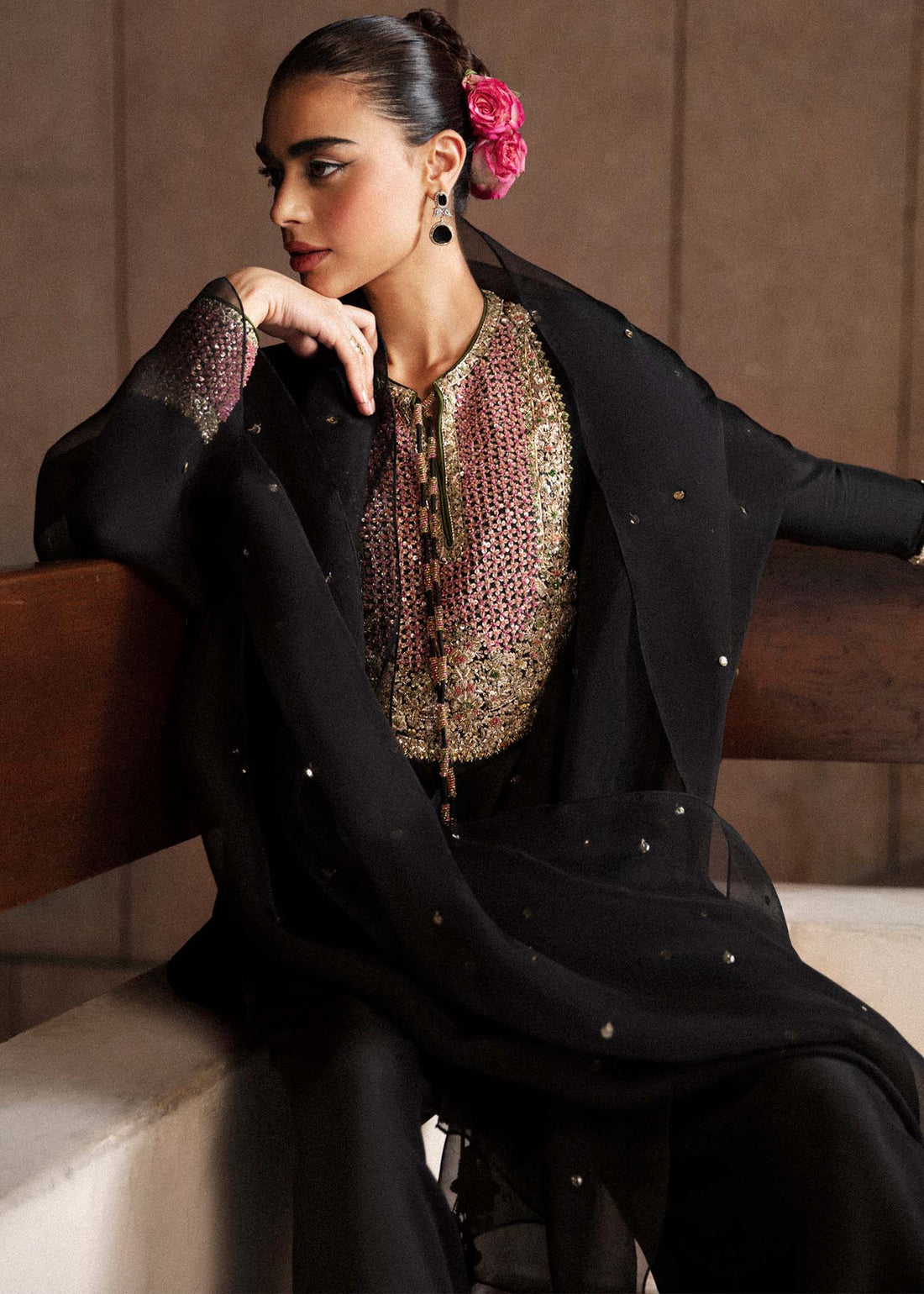 HUSSAIN REHAR QUEEN BLACK LUXURY SILK COLLECTION | UNSTITCHED 3 PCS | TOP PAKISTANI DRESS BY SHAEBIZ