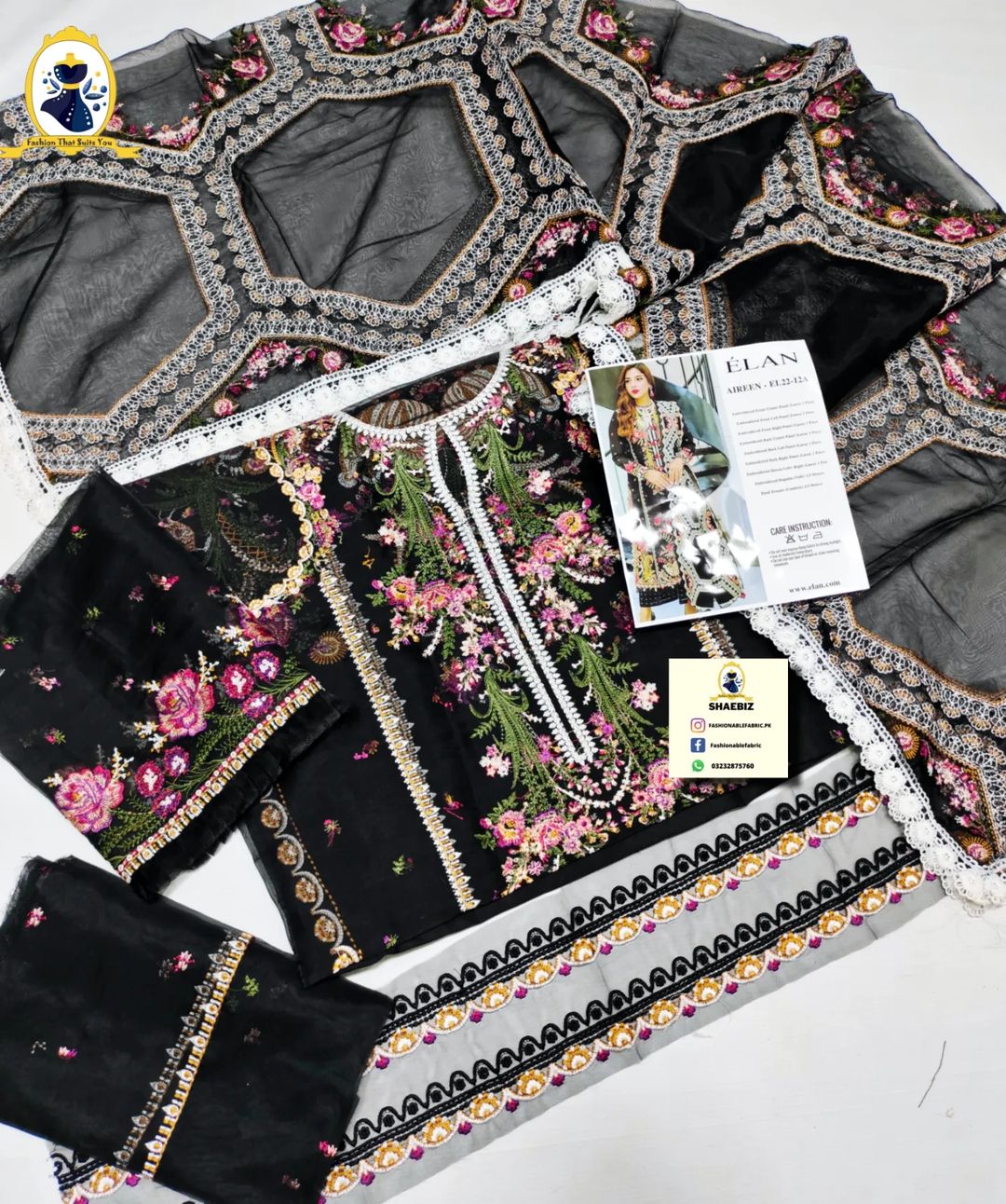 ELAN BLACK ORGENZA | MULTI THREAD EMBROIDERY | UNSTITCH PARTY WEAR COLLECTION BY SHAEBIZ