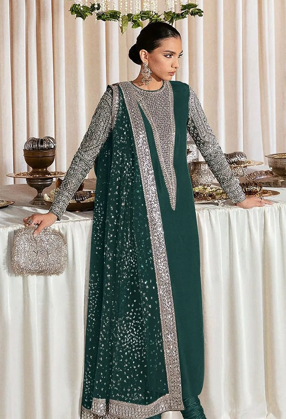 Hussain Rehar – Zinc Green Formal Raw Silk Suit (Replica) by Shaebiz