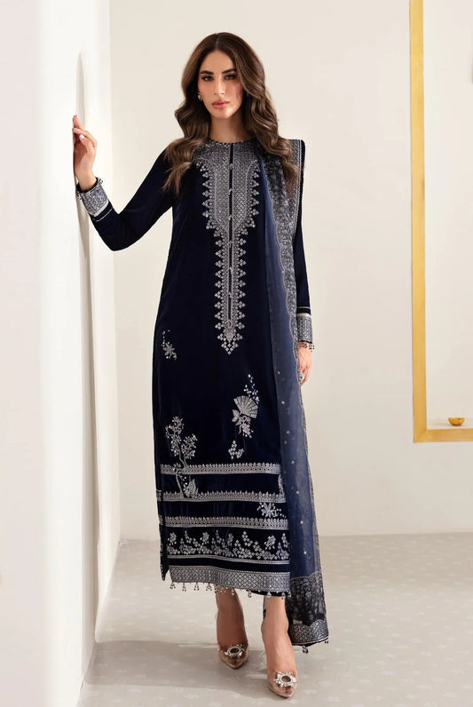 JAZMIN BLUE EMBROIDERED VELVET DRESS| UNSTITCHED WINTER COLLECTION| TOP PAKISTANI DRESS BY SHAEBIZ