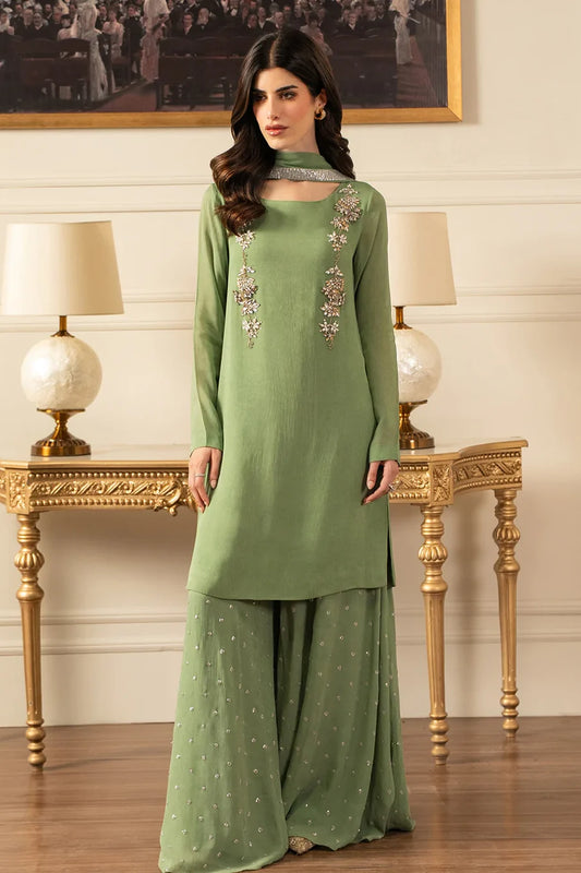 LULUSAR PISTACHIO CHIFFON DRESS| UNSTITCHED 3 PIECES BY SHAEBIZ