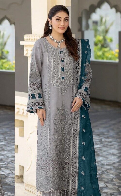 IMROZIA ZARQOON GREY LUXURY NET COLLECTION| UNSTITCHED MASTER REPLICA| TOO PAKISTANI DRESS BY SHAEBIZ