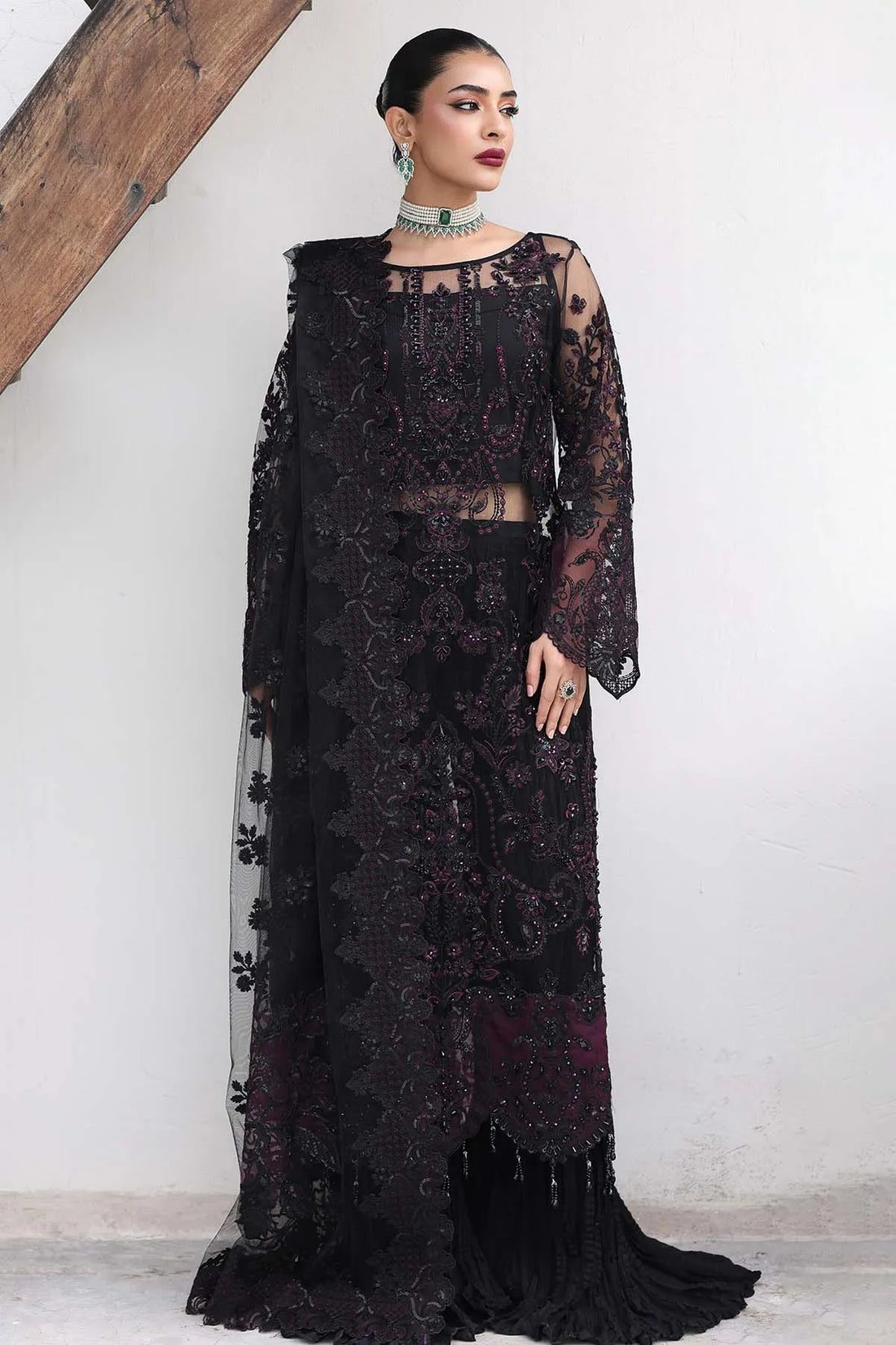 IMROZIA MATTE BLACK LUXURY NET DRESS| UNSTITCHED MASTER REPLICA BY SHAEBIZ