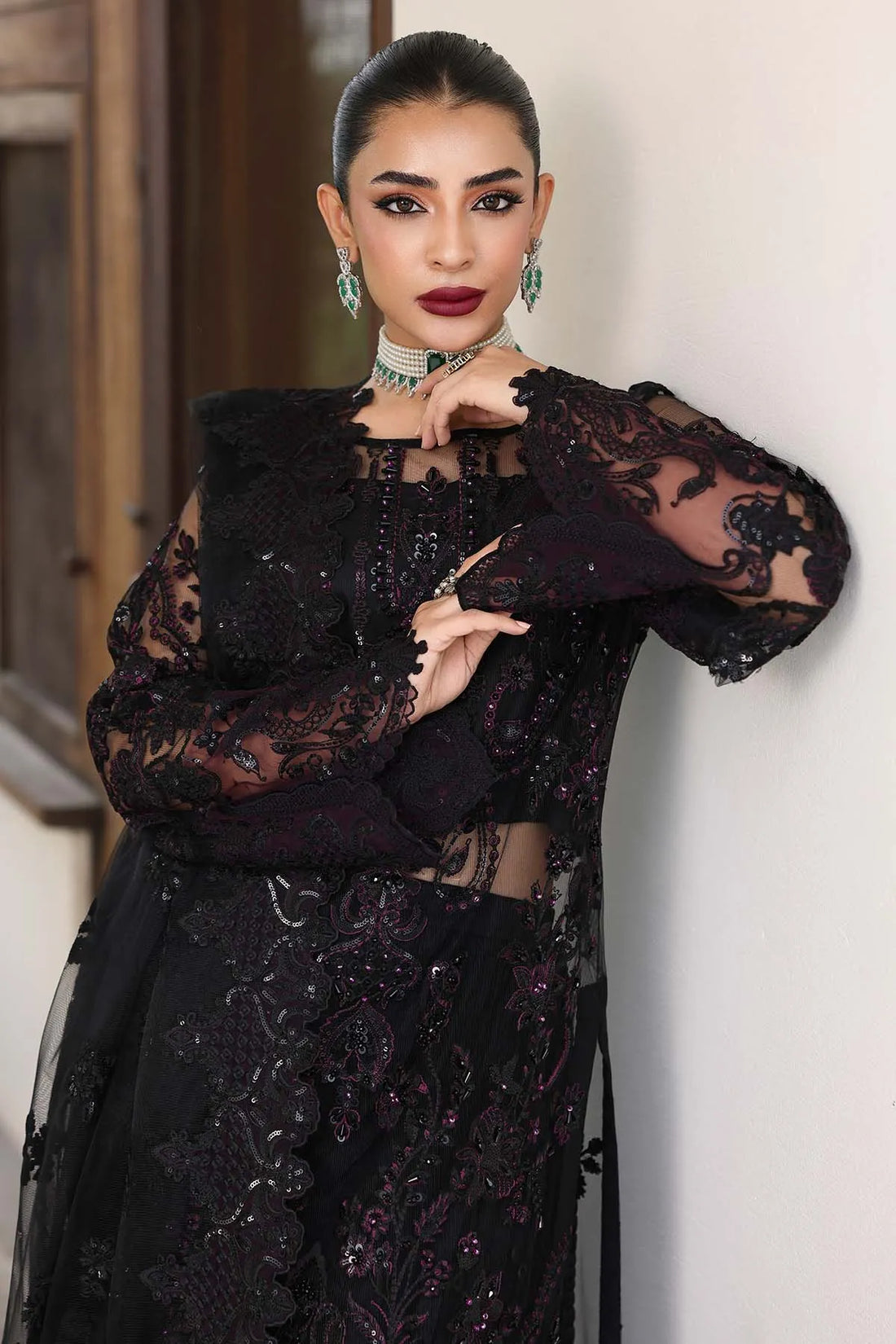 IMROZIA MATTE BLACK LUXURY NET DRESS| UNSTITCHED MASTER REPLICA BY SHAEBIZ