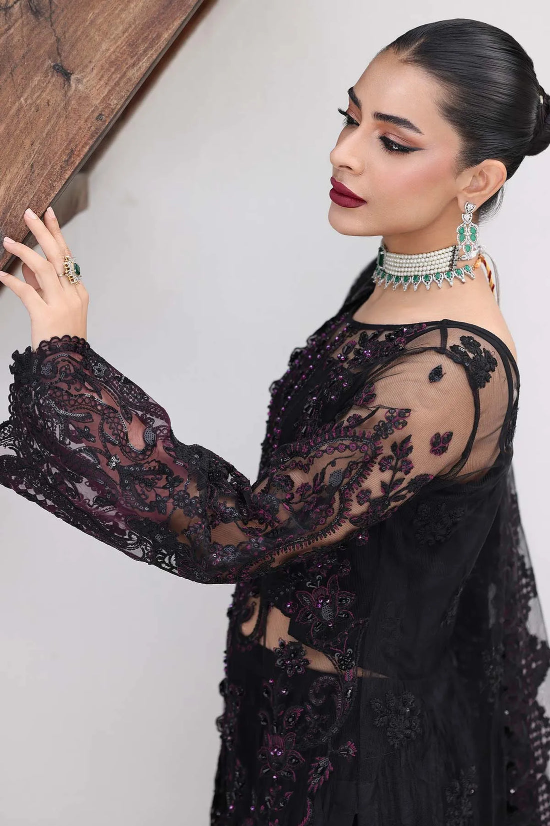 IMROZIA MATTE BLACK LUXURY NET DRESS| UNSTITCHED MASTER REPLICA BY SHAEBIZ