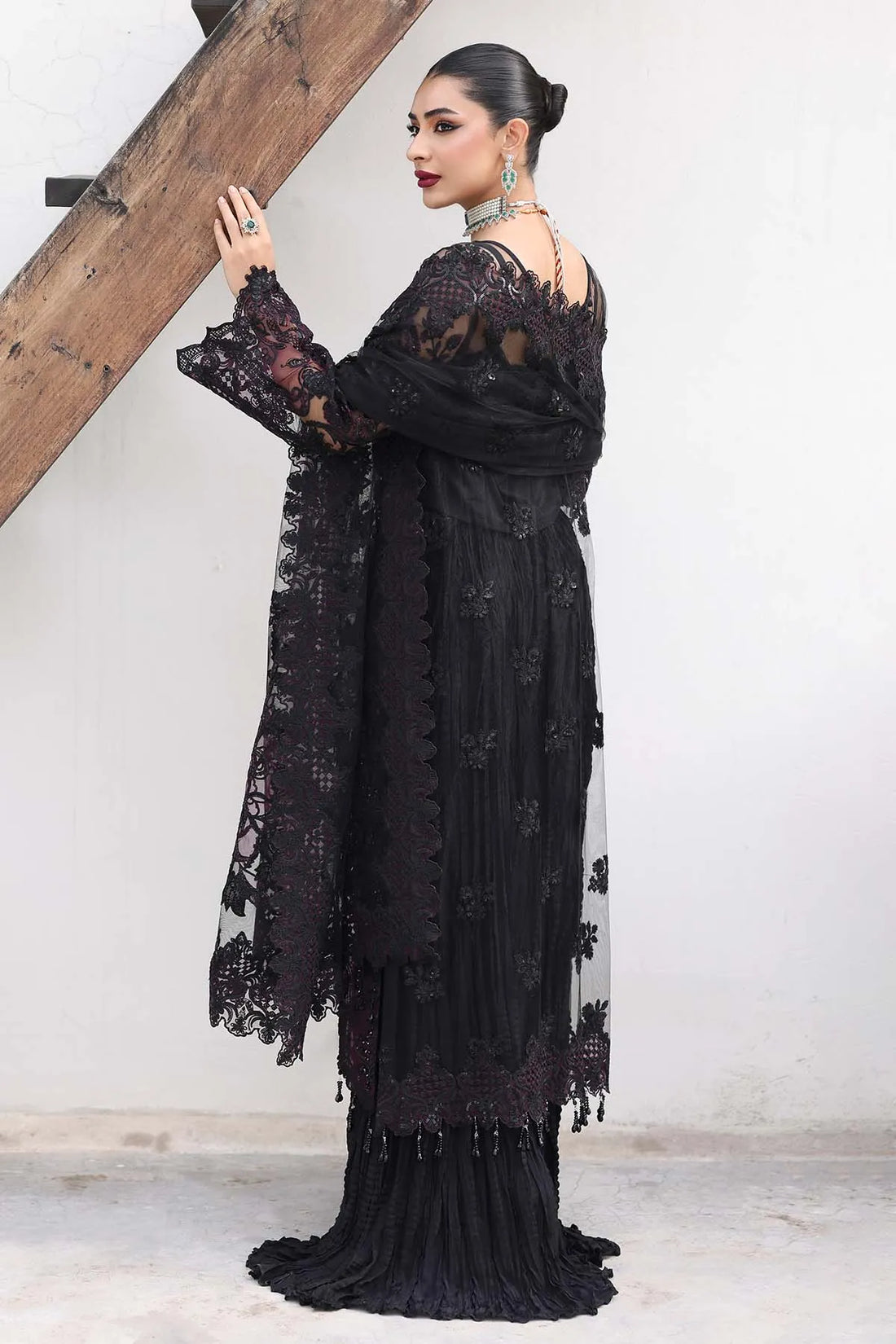 IMROZIA MATTE BLACK LUXURY NET DRESS| UNSTITCHED MASTER REPLICA BY SHAEBIZ