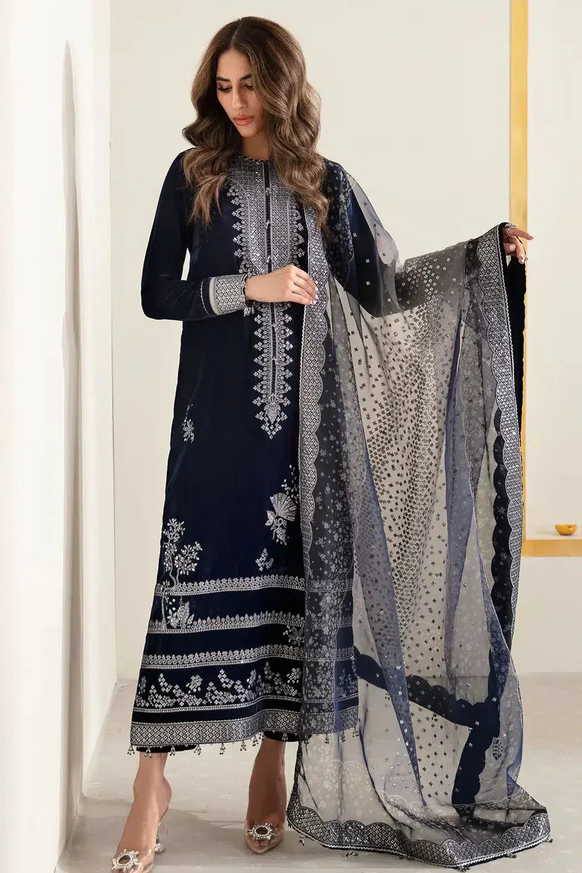 JAZMIN BLUE EMBROIDERED VELVET DRESS| UNSTITCHED WINTER COLLECTION| TOP PAKISTANI DRESS BY SHAEBIZ
