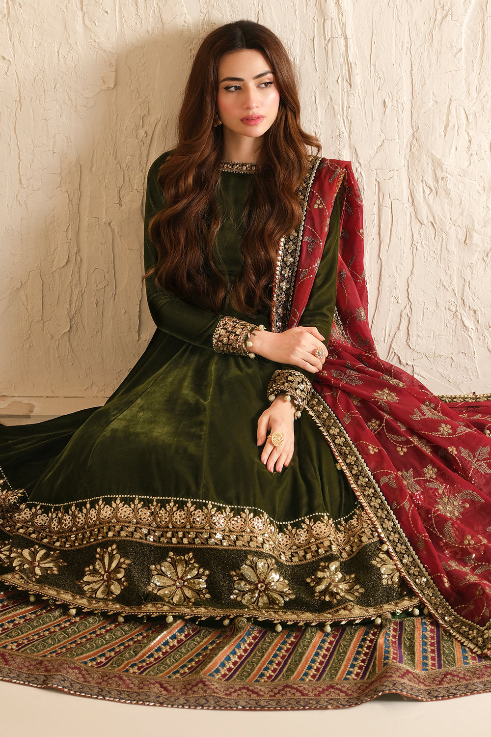 green velvet pakistani dress Ethereal Elegance: Handmade Sea Green Velvet Wedding Wear with Golden Resham Work Kurta Palazzo with Organza Dupatta, Pakistani Eid Outfit