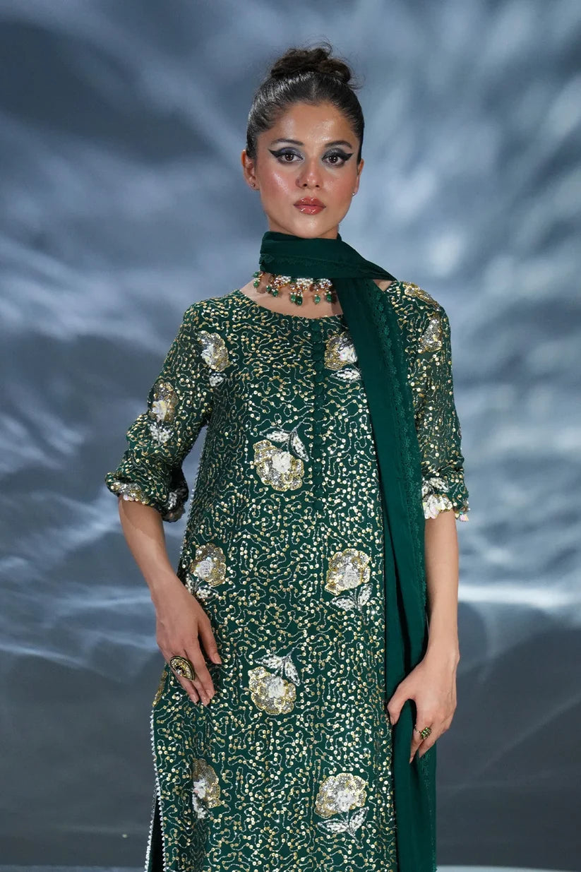 AMAVE BOTTLE GREEN LUXURY CHIFFON COLLECTION| UNSTITCHED FORMAL COLLECTION BY SHAEBIZ