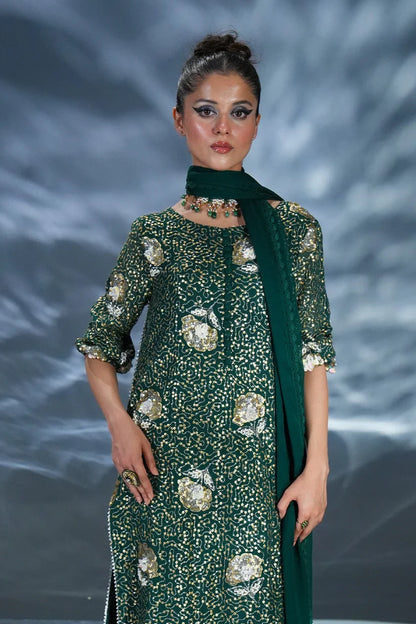 AMAVE BOTTLE GREEN LUXURY CHIFFON COLLECTION| UNSTITCHED FORMAL COLLECTION BY SHAEBIZ