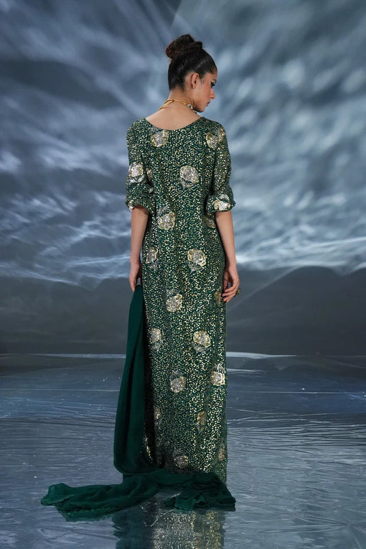 AMAVE BOTTLE GREEN LUXURY CHIFFON COLLECTION| UNSTITCHED FORMAL COLLECTION BY SHAEBIZ
