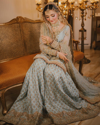 MAHA WAJAHAT LUXURY BRIDAL 2026 GHARARA  COLLECTION| UNSTITCHED 3 PCS | TOP PAKISTANI DRESS BY SHAEBIZ
