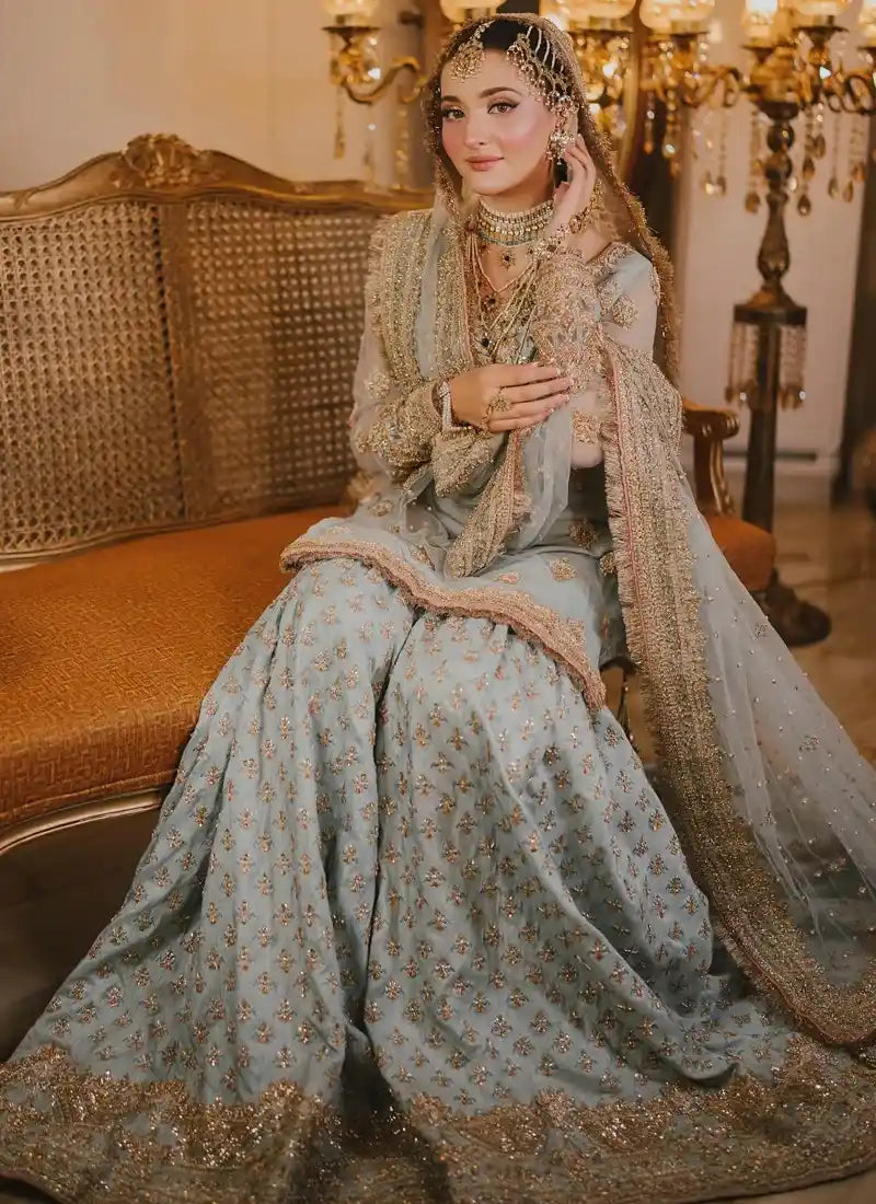 MAHA WAJAHAT LUXURY BRIDAL GHARARA  COLLECTION| UNSTITCHED 3 PCS | TOP PAKISTANI DRESS BY SHAEBIZ