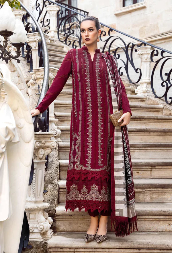 Maria b lawn latest 2024 eid collection code:mehroon sadak top pakistani dress by shaebiz