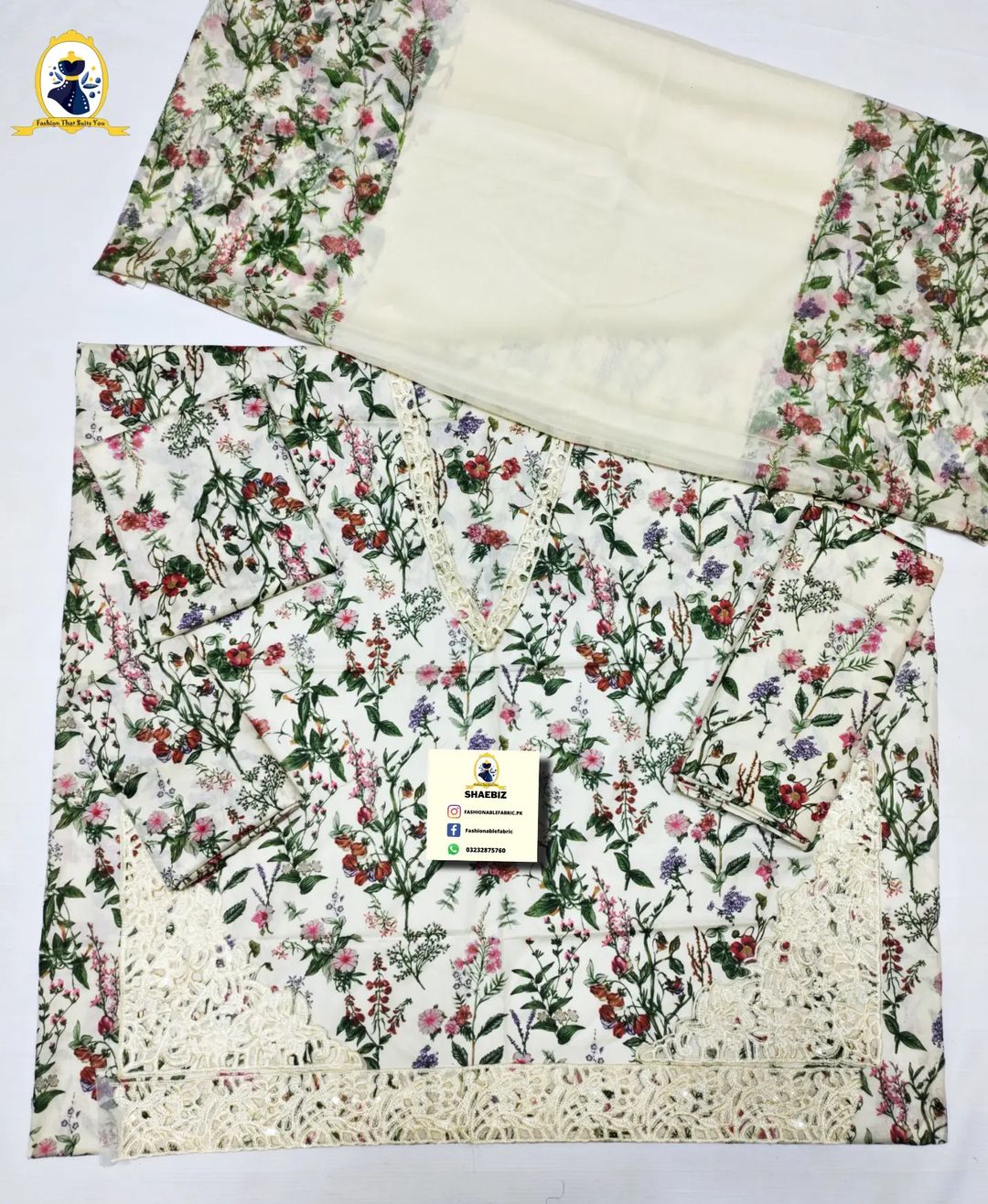 MARIA B M.PRINT LAWN OFF-WHITE | UNSTITCH FORMAL WEAR COLLECTION | BY SHAEBIZ