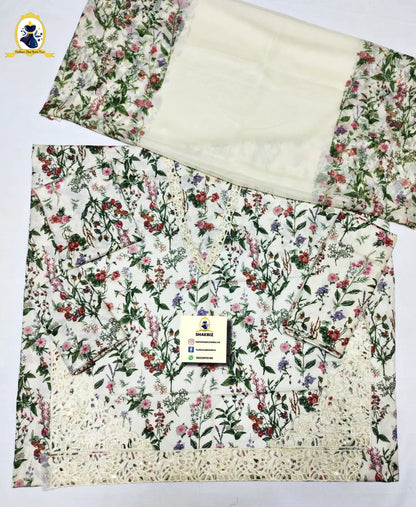 MARIA B M.PRINT LAWN OFF-WHITE | UNSTITCH FORMAL WEAR COLLECTION | BY SHAEBIZ