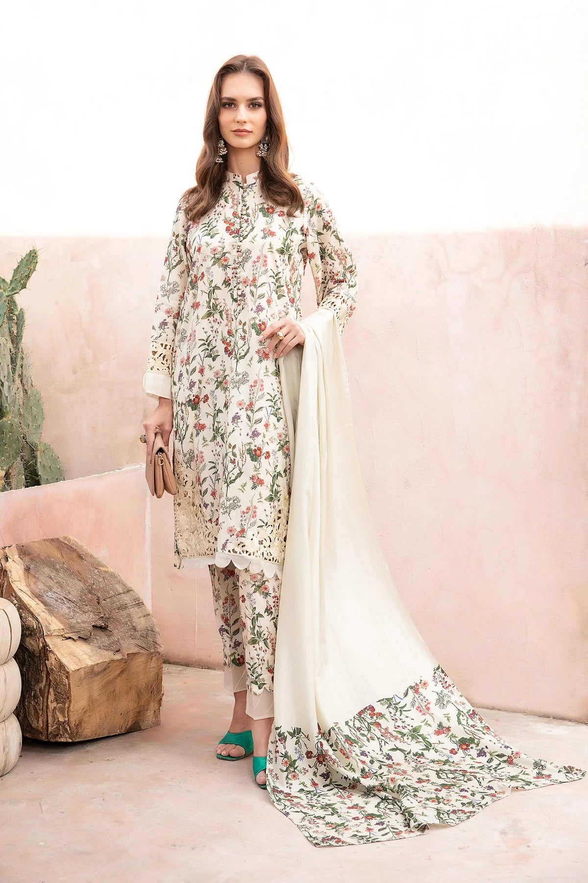 MARIA B M.PRINT LAWN OFF-WHITE | UNSTITCH FORMAL WEAR COLLECTION | BY SHAEBIZ