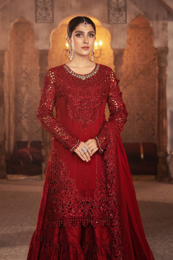 open lace back dress MARIA B RED GHARARA | AYEZA KHAN | CHIFFON UNSTITCH COLLECTION