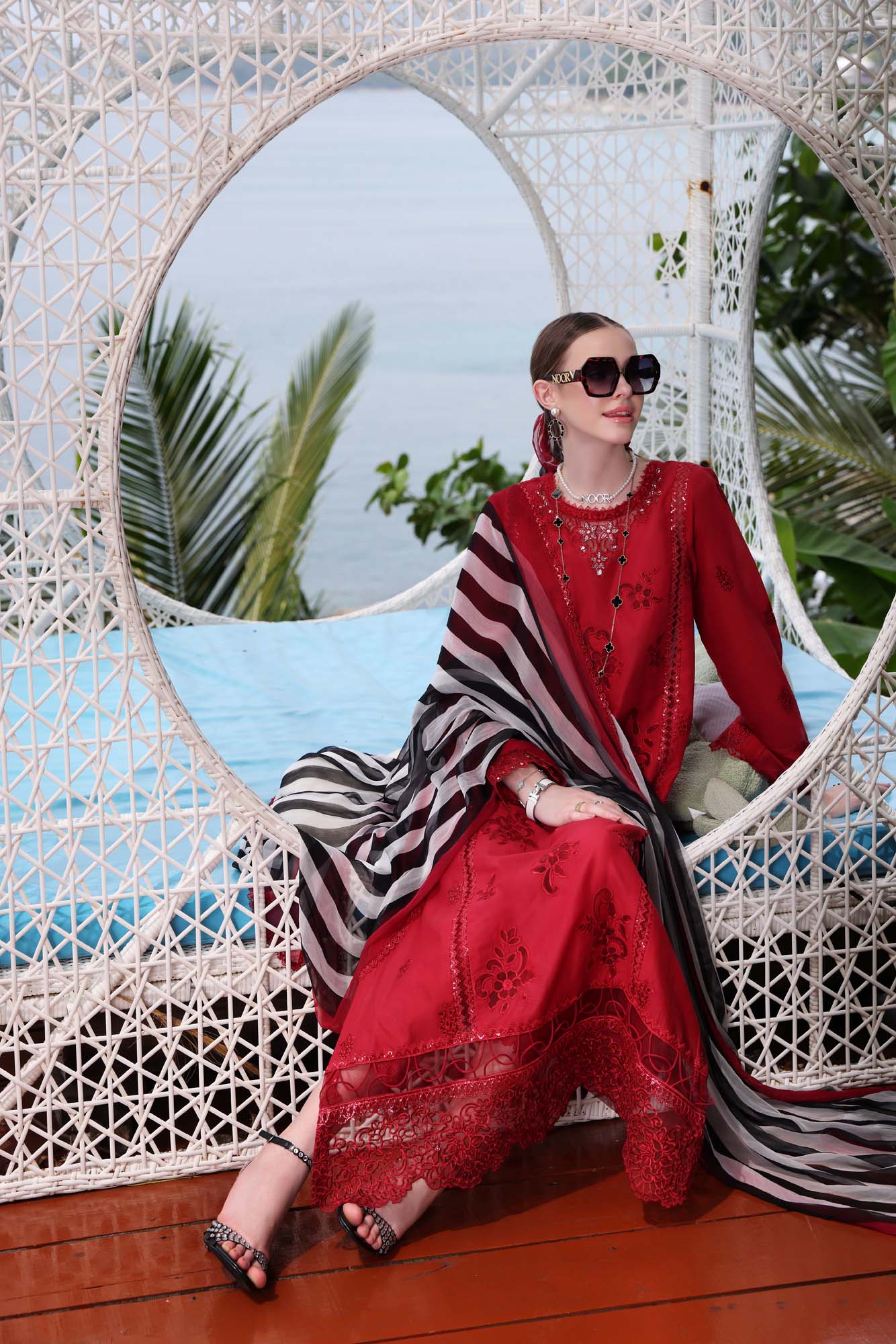 NOOR RED FORMAL CHIKANKARI COLLECTION | TOP PAKISTANI DRESS BY SHAEBIZ
