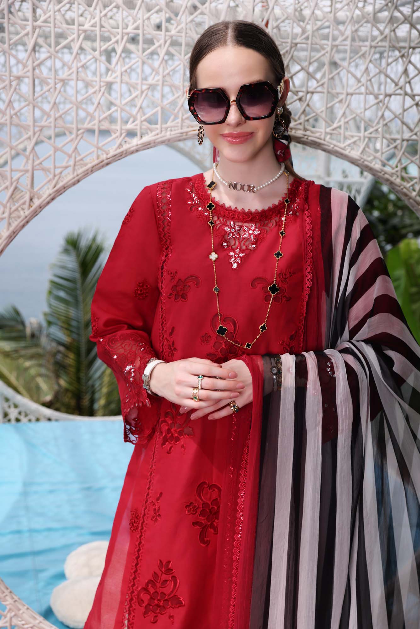 NOOR RED FORMAL CHIKANKARI COLLECTION | TOP PAKISTANI DRESS BY SHAEBIZ