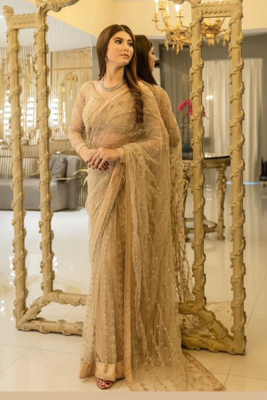 SABYASACHI LUXURY GOLDEN NET SAREE|UNSTITCHED WEDDING COLLECTION TOP PAKISTANI DRESS BY SHAEBIZ
