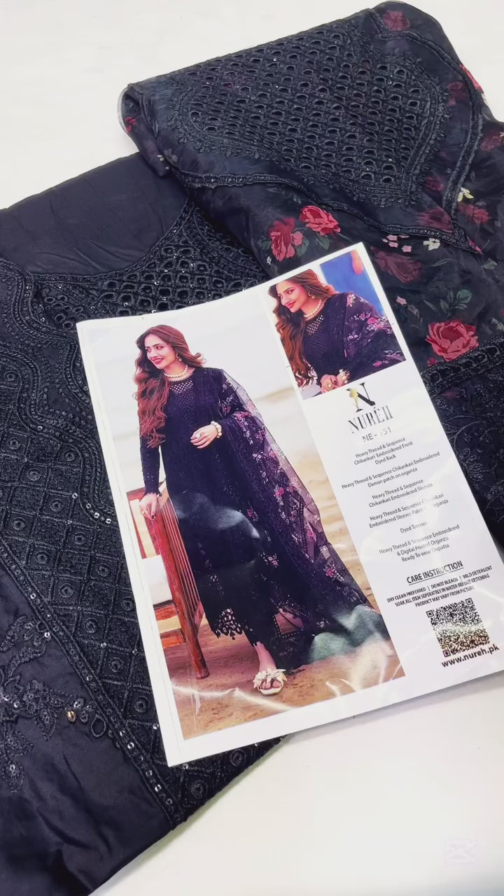 NUREH BLACK SANAM RE LUXURY LAWN COLLECTION| TOP PAKISTANI DRESS BY SHAEBIZ