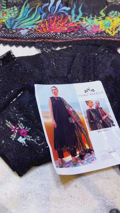 SAIRA RIZWAN BLACK BLOSSOM LUXURY LAWN COLLECTION| UNSTITCHED MASTER REPLICA| TOP PAKISTANI DRESS BY SHAEBIZ